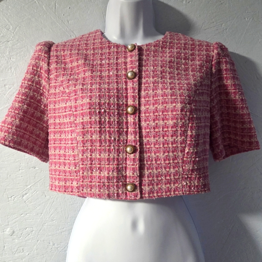 American Threads Pink Tweed Cropped Short-Sleeve Top/Jacket - Large